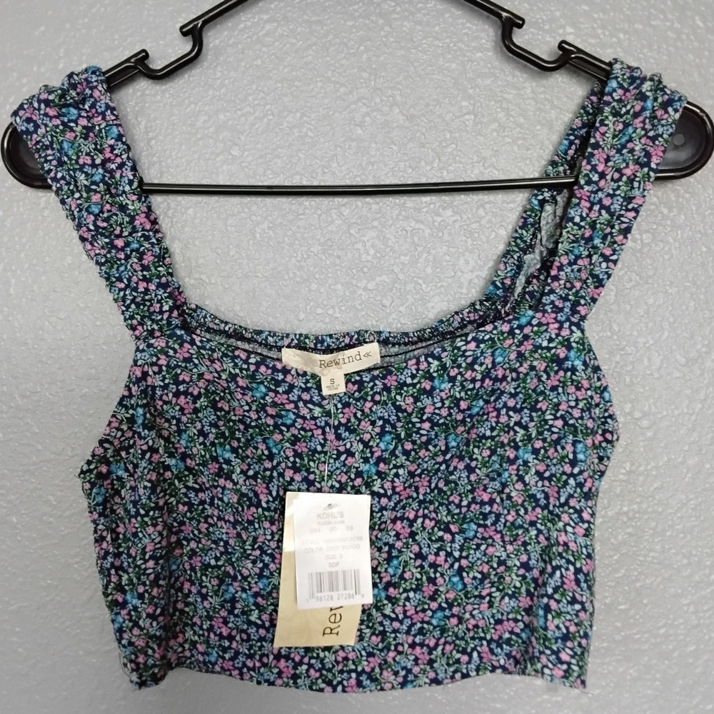 Rewind Womens Deep Indigo Floral Smocked Back Crop Top NKW69951096 Size S NWT
